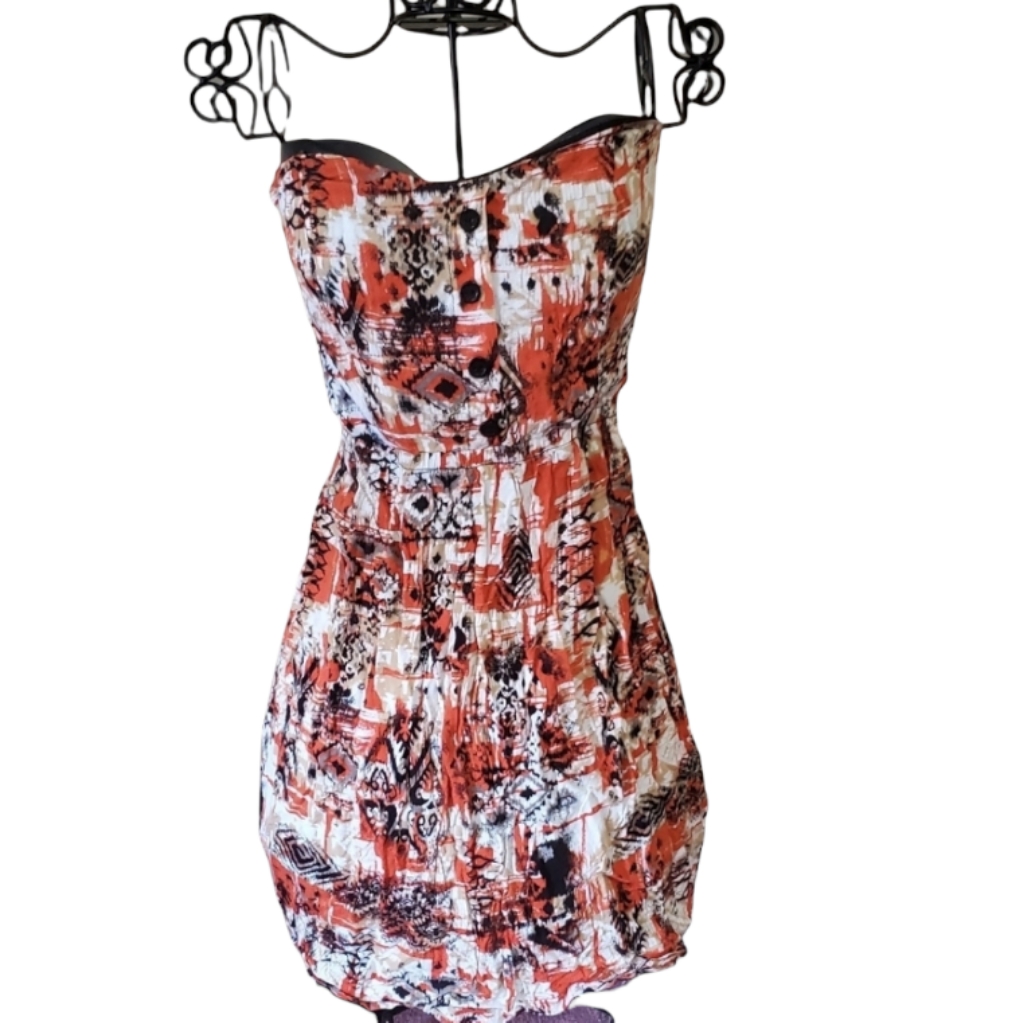 Forever 21 Strapless Artisti Summer Dress Black White Burnt Orange Petite Small